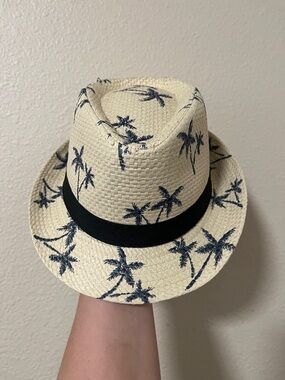 Spirit Cream Straw Fedora with Navy Palm Print and Black Band